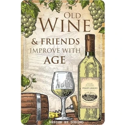 Imagen de DODINO 20 x 30 cm Retro Vino Cartel de chapa con texto &quot;Old Wine and Friends&quot; IMPROVE WITH AGE Deko Metallschild Schild GeschenkIdee für Wein Trinker