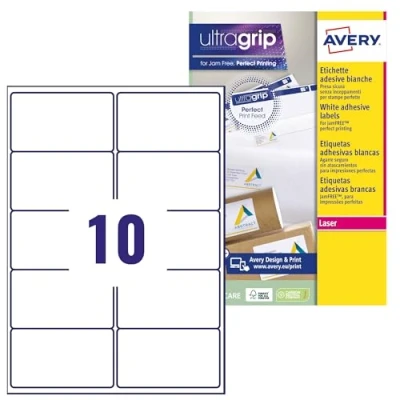 Imagen de Avery España L7173 15 etiquetas adhesivas blancas ideales para envios paquetes, imprimibles, medida 99.1 x 57 mm, Caja de 150