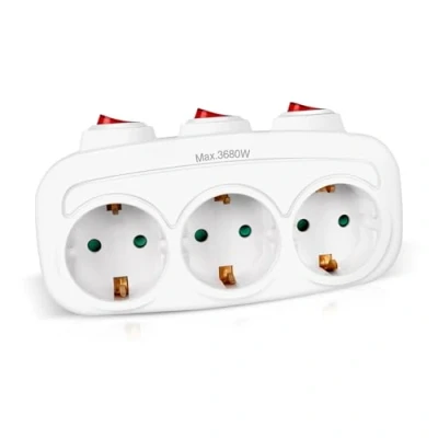 Imagen de EXTRASTAR 3 en 1 Adaptador con Interruptor y Enchufes Schuko, de Regleta, hasta Carge 3680W, 16A/250V , Blanco, 1Pc