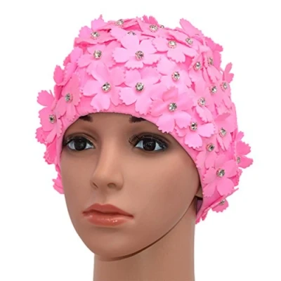Imagen de Medifier Manual del Rhinestone Floral pétalos Retro Estilo Gorras Natacion de baño para Mujer Amarillo Color Rosa