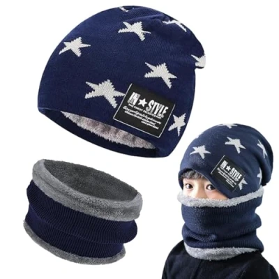 Imagen de Gxlaihly Gorro de Invierno para niños,Conjunto punto Térmico y bufanda Niños,Gorra con Forro Lana Niños Niñas, 4 15 años (azul)