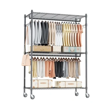 Imagen de Himimi Perchero de doble barra/Riel para ropa con estantes ajustables en altura, resistente 2 ganchos, Rieles ruedas, 90 * 42 205cm, Negro