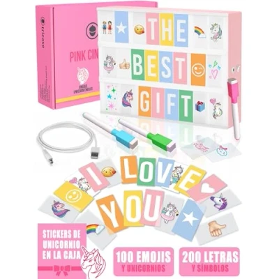 Imagen de Caja de Luz A4 Rosa con 312 Letras y Emojis 3 Marcadores Incluidas Cartel Luminoso LED para Decoración Hogar, Habitación, Oficina Regalo Original Niñas, Mujeres