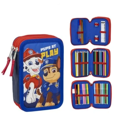 Imagen de Estuche Escolar Infantil de La Patrulla Canina Color Azul Cierre Cremallera 12,5 x 6,5 19,5 cm Triple Compartimento Incluye Accesorios Producto Original Diseñado en España