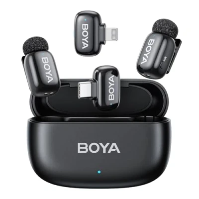 Imagen de BOYA MINI2 en 1B micrófono inalámbrico de Solapa para Lightning&amp;USB C, Ultra Mini con conmutación Voz AI, reducción Ruido y Estuche Carga