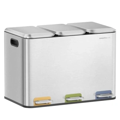 Imagen de SONGMICS HOME Papelera de Cocina Triple, Cubo Basura 3 x 15 L con Pedales Codificados por Colores, Sistema Separación Residuos, Tapas y Cubos Interiores, Acero, Plata Metálico