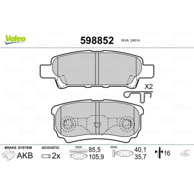 Imagen de VALEO 598852 Juego de pastillas freno Eje trasero con contacto avisador desgaste Chapa antichirridos MITSUBISHI: Lancer 8 Limousine