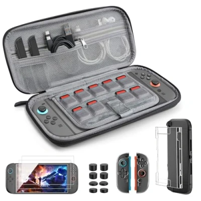 Imagen de TiMOVO Funda Protectora para Switch 2, 14 en 1 2 Accesorios Kit con de Transporte, PC, TPU JoyCon, Pack Protector Pantalla y 8 Protectores Pulgar, Negro