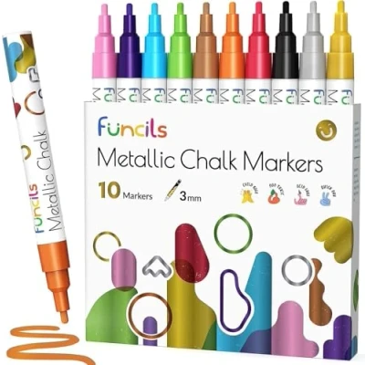 Imagen de Funcils Metallic Liquid Chalk Markers for Chalkboard Signs, Blackboard, Window, Labels, Bistro, Glass, Car (10 Pack, 3mm) Wet Wipe Erasable Ink Board Markers, Reversible Tip Pens