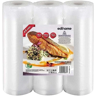 Imagen de Edihome, Bolsas Vacio Alimentos, 28x300cm, 3 Rollos, para Envasadora al Vacio, Conservación, Rollos Envasado BPA Free, Sous Vide (3 28x300cm)