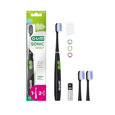 Imagen de GUM SONIC DAILY cepillo de dientes eléctrico sónico con pilas Para una limpieza suave y profunda 1 dientes, 2 cabezales repuesto, pila AAA (Negro)