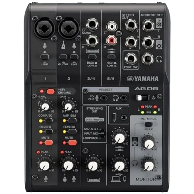 Imagen de Yamaha AG06MK2 Mezclador de Transmisión en Vivo 6 Canales con Interfaz Audio USB, para Windows, Mac, iOS y Android, Negro