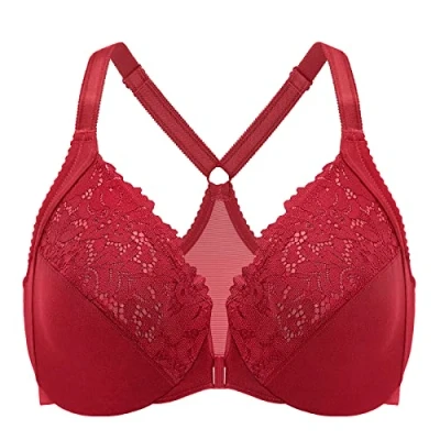 Imagen de DELIMIRA Sujetador de Encaje Cierre Frontal Talla Grande con Aros para Mujer Rojo Oscuro 110E