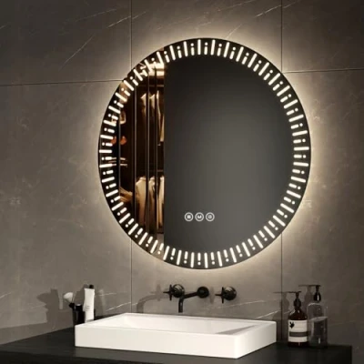 Imagen de EMKE Espejo de baño Redondo con retroiluminación LED, diámetro 70 cm, antivaho+Interruptor táctil+3 Colores luz Variables, Decorativo Moda,Espejo