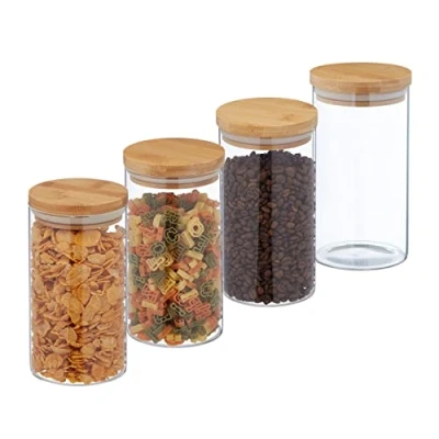 Imagen de Relaxdays 1000 ml Botes Cristal, Set 4, Recipientes Cocina Grandes, Tapa Bambú, Tarros Herméticos, Transparente/Natural, Silicona
