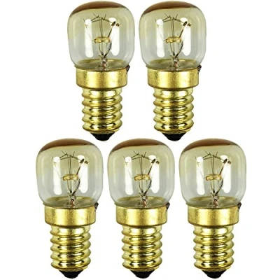 Imagen de com four® Lámpara para horno 5x hasta 300 C, bombilla de luz blanca cálida estufa 15W, E14, 230V (05 piezas color oro 15W)