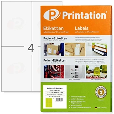 Imagen de Etiquetas transparentes 105 x 148,5 mm 2 unidades por página 100 pegatinas/etiquetas 105x148,5 en 25 hojas DIN A4 lámina adhesiva transparente, brillante autoadhesiva imprimible