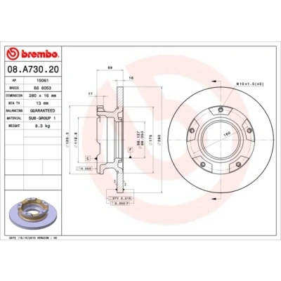 Imagen de BREMBO 08.A730.20 Disco de freno 280 16 5 macizo con anillo sensor ABS FORD: Transit Mk6 Furgón, Camión plataforma/Chasis