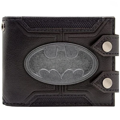Imagen de The Dark Knight Batman Traje Insignia de Acero con Doble Botón Billetera/Cartera Bi Fold Tarjetero ID &amp; Tarjetero, Negro