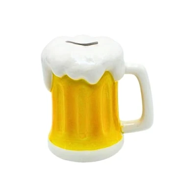 Imagen de Hucha como Vaso de Cerveza, Hucha, Caja Color Blanco y Amarillo, tamaño L/B/H Aprox. 14 x 13 cm