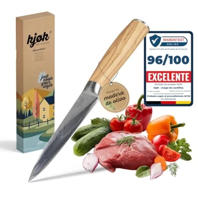 Imagen de kjøk Premium Cuchillo Multiusos con Mango de Madera Olivo, Dureza 58±2 HRC, Cocina Hoja Afilada, Universal para Carne y Verduras Pelador Afilado