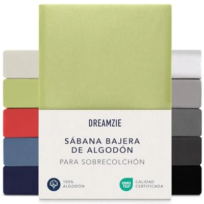 Imagen de Dreamzie Sabanas 140x200 cm 160x200 cm, Sabana Bajera para Colchones de hasta 15 Altura, 100% Algodon 150 g/m² Verde Certificada sin Productos Químicos (Oeko Tex)