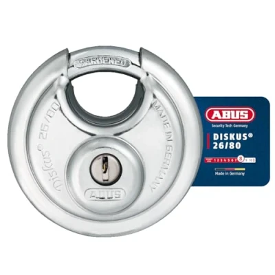 Imagen de ABUS Candado Discus 26/80 resistente a la intemperie con taladro y cilindro protegido contra tirones nivel de seguridad 8 plata