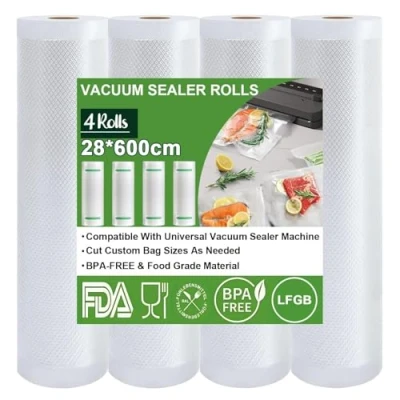 Imagen de Omtofo bolsas de envasado al vacío, 4 rollos, 28 x 600cm/rollo, vacío para alimentos, sin BPA, 150 µm, rollo lámina todas las envasadoras microondas y sous