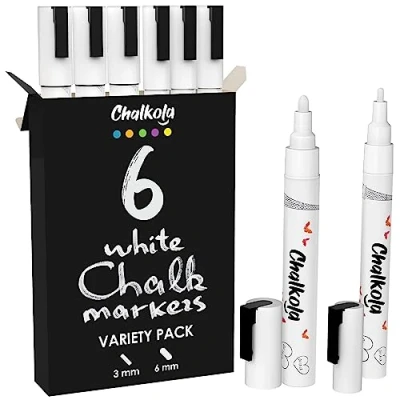 Imagen de Chalkola Plumas de tiza líquidas blancas Paquete variedades 6 3mm Fine y 6mm marcadores en negrita Tinta líquida borrado húmedo, no tóxica, a base agua libre polvo