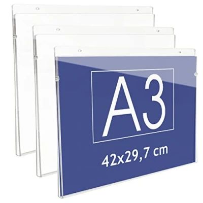 Imagen de Danieli Store Soporte de Pared Metacrilato A3 Horizontal para Carteles y Posteres. Expositor con Orificios la Fijación Mural. Acrílico Transparente Avisos (3 unidades)