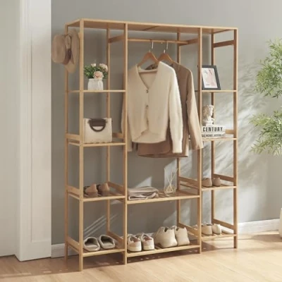Imagen de [en.casa] Perchero Burro con 1 Barra para Chaquetas 2 Estantes Centrales y 8 Compartimentos Abiertos Ganchos Sombreros Vestidor Bambú 165 x 122 35 cm Natural