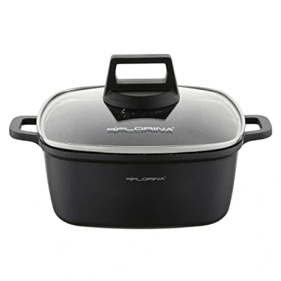 Imagen de FLORINA olla de aluminio (2,6 l) profundidad x ancho alto: 20 8 cm con tapa cristal antiadherente inducción rectangular ideal para cocinas inducción, cocina