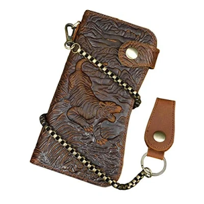 Imagen de LUUFAN Cartera Larga de Cuero Genuino los Hombres con Bolsillo Cremallera Monedero la Billetera Bifold Vendimia (Chain Wallet2)