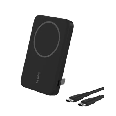 Imagen de Belkin BoostCharge Pro batería Externa Inalámbrica de 5000mAh con Qi2, Cargador portátil Compatible MagSafe + Soporte Caballete, portatil para Phone 16, iPhone 15, 14, 13 y Otros, Negro