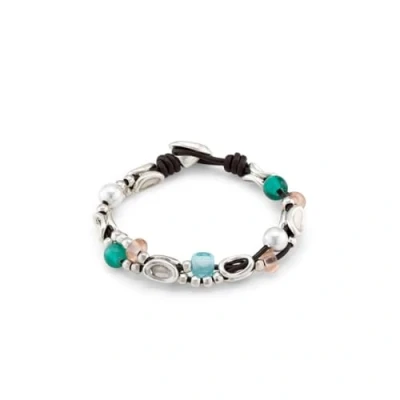 Imagen de UNOde50 Pulsera de cuero con eslabones bañados en plata ley y cristales artesanales