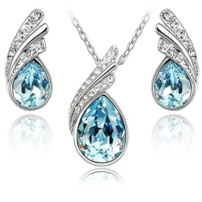 Imagen de Crystalline Azuria Mujer 18ct Chapado en Oro Blanco Lágrimas Cristales Azul Aguamarina simulada Juego de joyas Collar con Colgante 45 cm Pendientes para Niña Boda Novia y Dama honor