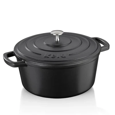 Imagen de kela 12472 Asador con tapa, Hierro fundido, Revestimiento esmaltado, Gran retención del calor, Apto para inducción, 5 L, Negro, Redondo, Calido