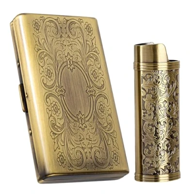 Imagen de Vintage Metal Cigarette Case with J6 Lighter Case, Holds 12pcs 100mm Cigarettes, Can Also Be Used for RFID Credit Card and Cash Organizer (Bronce, 100&#039;s)
