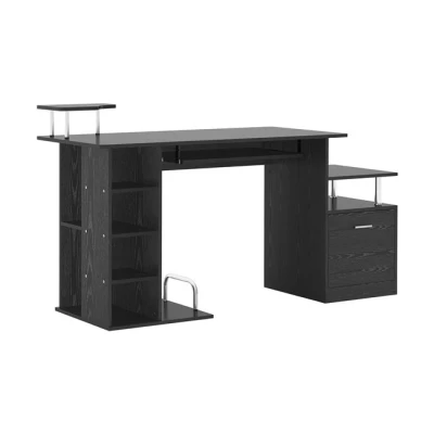 Imagen de HOMCOM Mesa de Ordenador Escritorio con 6 Estantes Cajón Bandeja Teclado y Soportes para Monitor Impresora Oficina Estudio 152x60x88 cm Negro