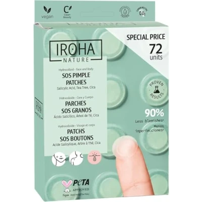 Imagen de Iroha Nature Parches SOS granos Ácido Salicílico, Árbol de Té y Centella Asiática Reduce forma rápida eficaz Tecnología Hidrocoloide Pack 72 uds