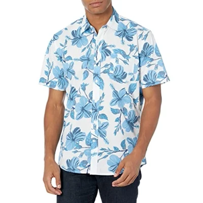 Imagen de Amazon Essentials Camisa Estampada de Manga Corta y Ajuste Normal Hombre, Azul Estampado Floral, XL