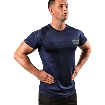 Imagen de Satire Gym Camiseta de fitness para hombre Ropa deportiva funcional Adecuado entrenamiento Corte ajustado, azul marino, L