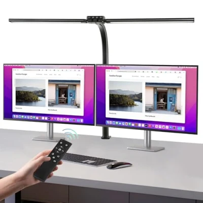 Imagen de Euakee 80CM Lampara Escritorio LED de Doble Cabeza, 24W Flexo Regulable con Abrazadera, 10 Temperaturas Color Brillo, Protección Ocular Luz Monitor Oficina Control Remoto &amp; USB