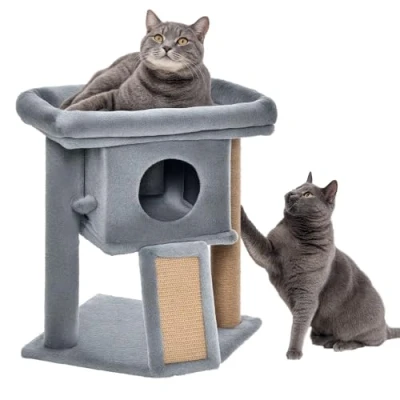 Imagen de PawHut Árbol Rascador para Gatos Pequeños de 57 cm Torre con Poste Yute Rampa Rascar Cama y Bola Colgante 40x40x57 Gris Claro