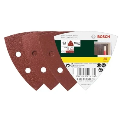 Imagen de Bosch 2607019500 Paquete de 25 lijas para lijadoras Delta (93 mm, grano 60, 120, 240)