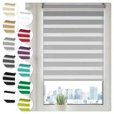 Imagen de Sonello Estor Enrollable de Doble Capa Noche y día 110cm x 210cm Gris, Klemmfix sin taladrar, Tejido, Fácil Instalar Herramientas para Ventanas Puertas, Proteccion Solar, Stores