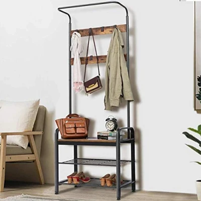Imagen de BAKAJI Perchero con 9 ganchos, estructura de metal banco zapatero 2 estantes, para zapatos, asiento madera MDF oscura, diseño moderno industrial, dimensiones 73 x 34 183 cm
