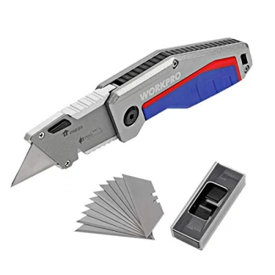 Imagen de WORKPRO Cuchillo Plegable, Cúter plegable con Mecanismo de Cambio Rápido, Cortador Profesional Mango Aluminio Antideslizante, 10 Cuchillas SK5 Repuesto, Cuchillos para Alfombras