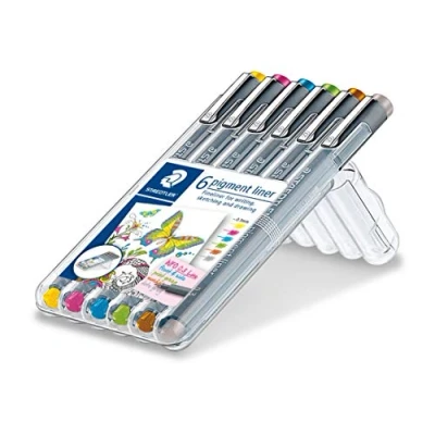 Imagen de STAEDTLER 30803S2SB6 Rotuladores Fineliner Pigment Liner de punta fina, Estuche con 6 unidades colores variados, Multicolor