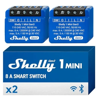Imagen de Shelly 1 Mini Gen3, Relé Interruptor Inalámbrico con contactos secos, Wi Fi y Bluetooth, Canal 8A, Control remoto de luces, Alexa Google Home, app iOS Android, No requiere hub (paquete 2)